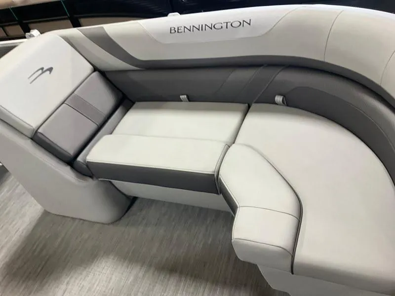 Slide: The Image of Luxurious seating on 2022 Bennington 23SXSR pontoon boat, featuring sleek gray upholstery. - 2