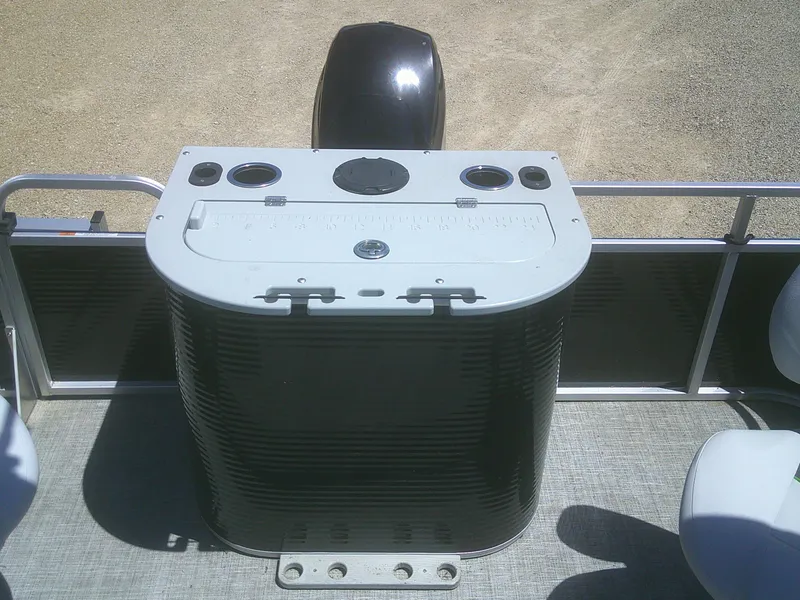 Slide: The Image of 2022 Qwest 816 Edge 4 Point Fish boat, rear view with motor and deck details. - 13