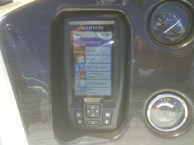 Slide: The Image of Garmin fish finder on 2022 Qwest 816 Edge 4 point Fish boat dashboard. - 17