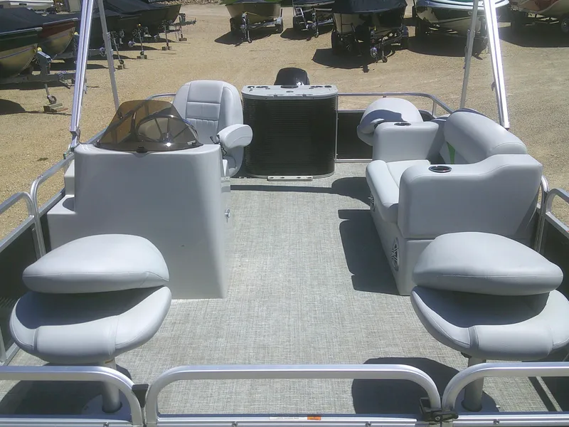 Slide: The Image of 2022 Qwest 816 Edge 4 Point Fish pontoon boat with spacious seating and modern design. - 4