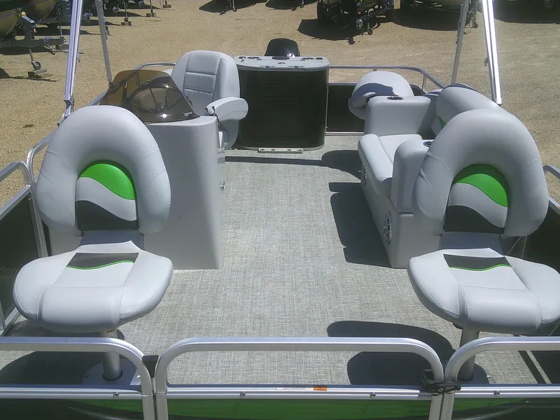 Slide: The Image of 2022 Qwest 816 Edge 4 Point Fish pontoon boat with gray and green seating. - 5