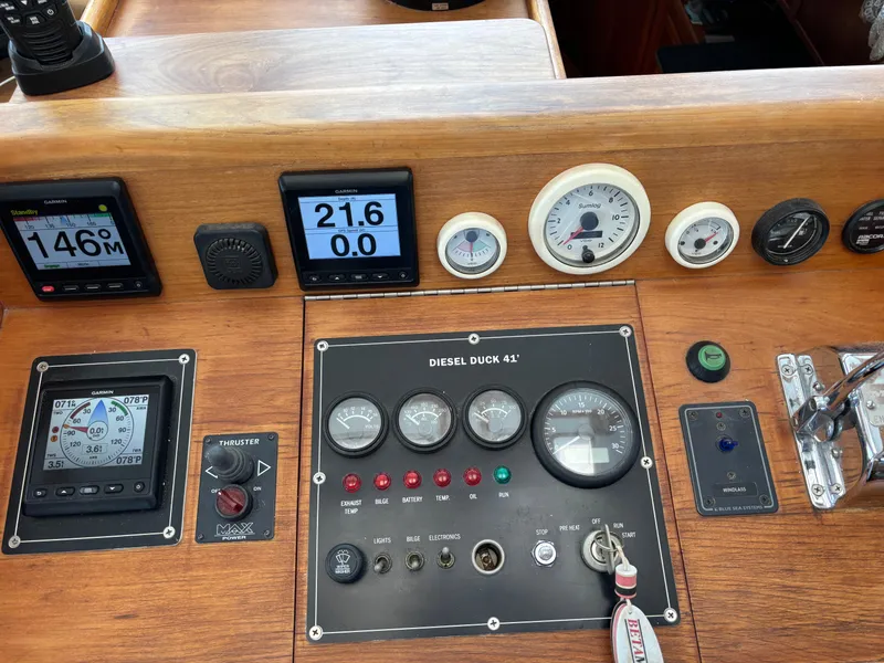 Slide: The Image of Control panel of a 1999 Diesel Duck Trawler with various gauges and displays. - 10