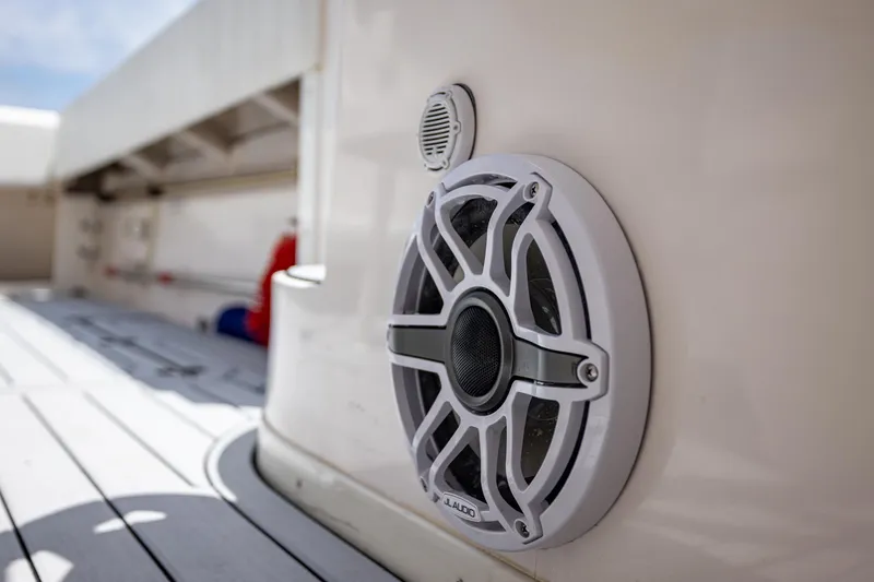 Slide: The Image of Close-up of a JL Audio speaker on a 2006 Intrepid 348 Walkaround boat. - 26