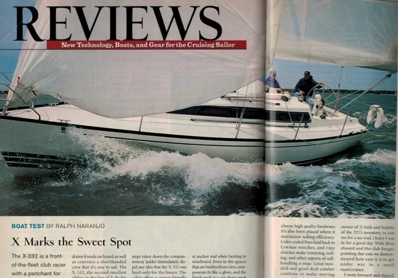 Slide: The Image of Sailing yacht X-Yachts 332 from 2001 navigating through waves, featured in a boating review. - 52