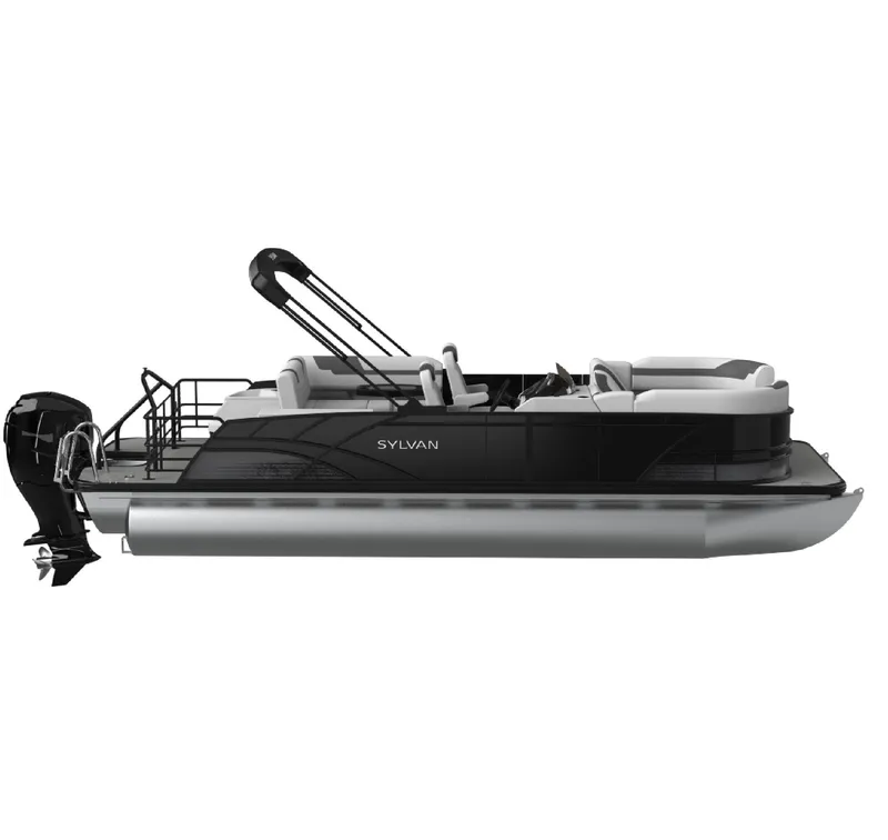 Slide: The Image of 2026 Sylvan L3 CLZ DH pontoon boat, sleek design, black and silver color scheme. - 10