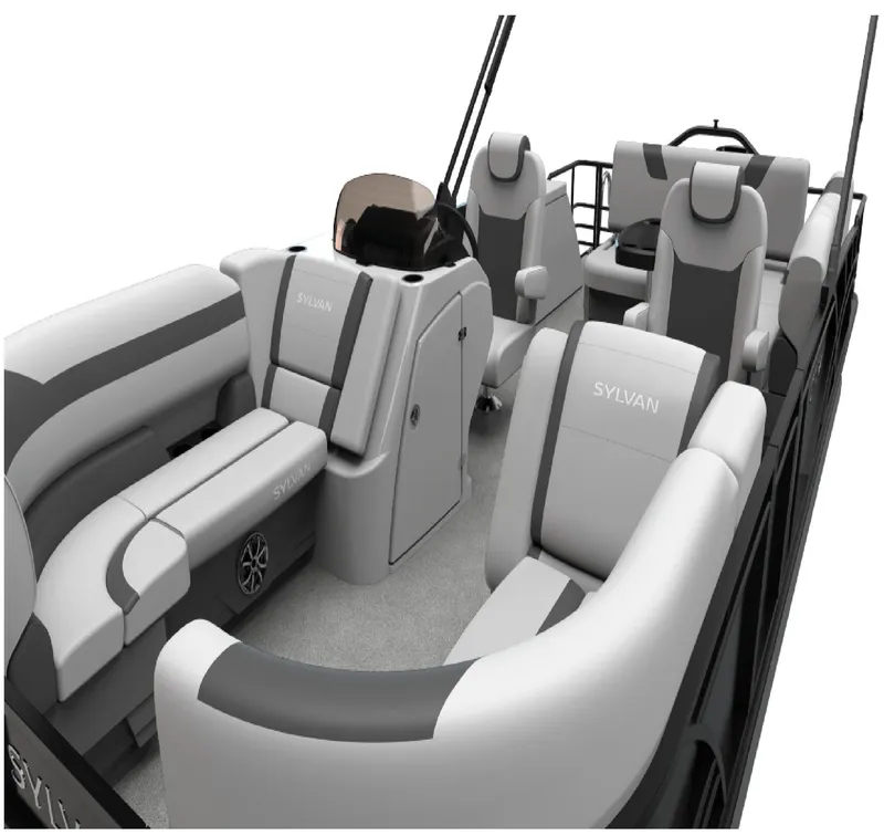 Slide: The Image of 2026 Sylvan L3 CLZ DH pontoon boat interior with modern seating and console design. - 6