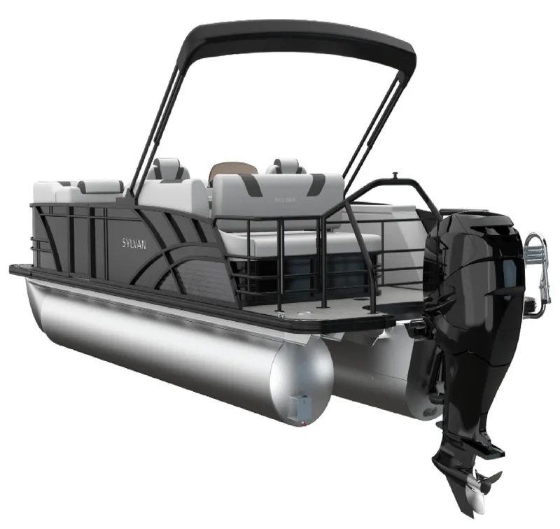 Slide: The Image of 2026 Sylvan L3 CLZ DH pontoon boat with sleek design and powerful outboard motor. - 8
