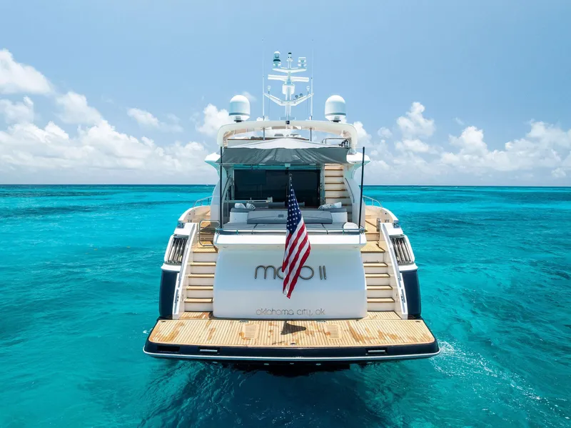 Slide: The Image of 2009 Princess Motor Yacht on turquoise ocean with American flag, clear sky background. - 18