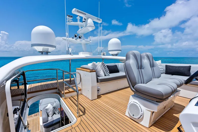 Slide: The Image of Luxurious 2009 Princess Motor Yacht deck with seating, ocean view, and navigation equipment. - 37