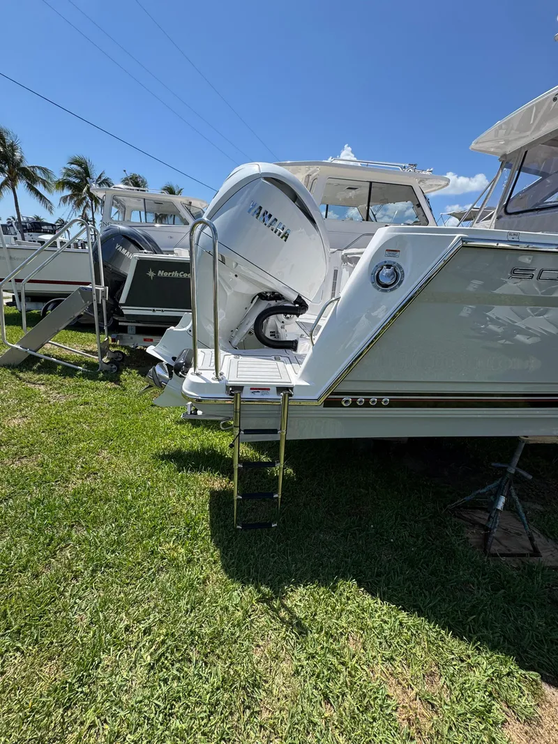 Slide: The Image of 2025 Solara S-310 SC boat with outboard motor on display, sunny day, grassy area. - 4