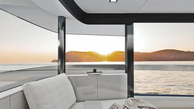 Slide: The Image of Luxurious interior of 2026 Ladenstein L48 MIAMI yacht with ocean view at sunset. - 10