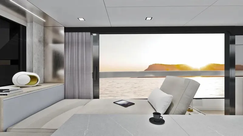 Slide: The Image of Luxurious interior of 2026 Ladenstein L48 MIAMI yacht with ocean view at sunset. - 11