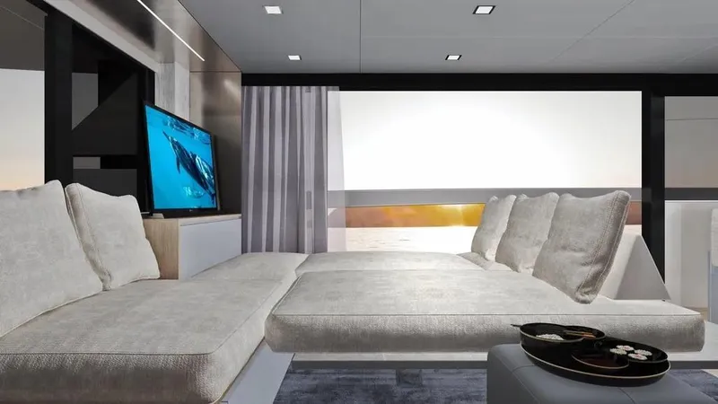 Slide: The Image of Luxurious interior of 2026 Ladenstein L48 MIAMI yacht with plush seating and modern decor. - 12