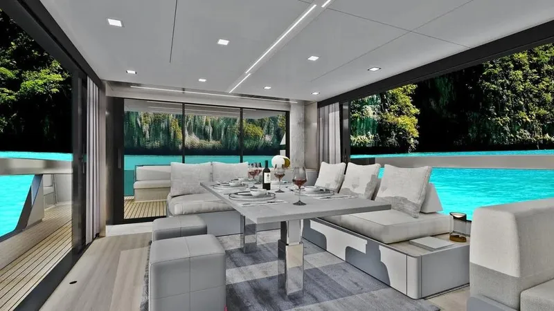 Slide: The Image of Luxurious interior of 2026 Ladenstein L48 MIAMI yacht with elegant dining setup and scenic water view. - 15