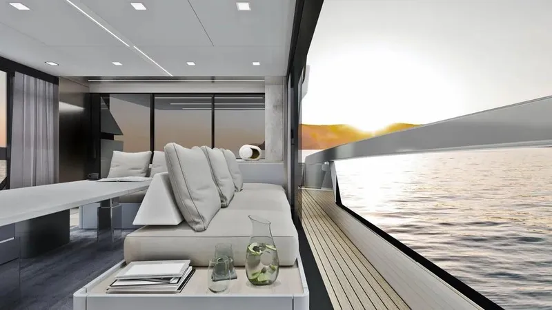 Slide: The Image of Luxurious interior of 2026 Ladenstein L48 MIAMI yacht with ocean view at sunset. - 17