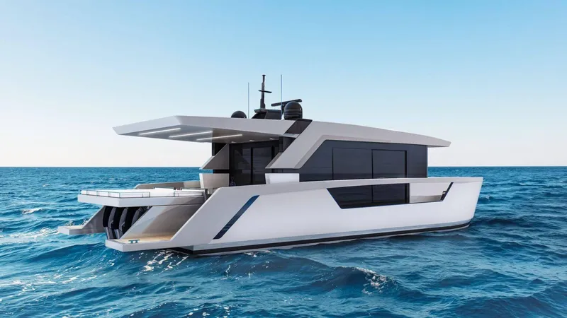 Slide: The Image of Modern 2026 Ladenstein L48 MIAMI yacht cruising on open sea under clear blue sky. - 23