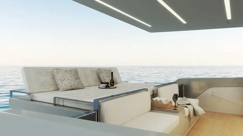 Slide: The Image of Luxurious 2026 Ladenstein L48 MIAMI yacht deck with elegant seating and ocean view. - 6