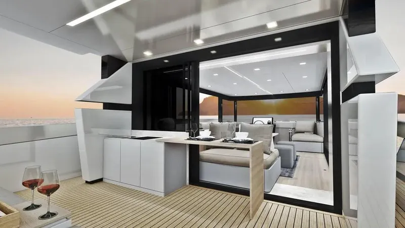 Slide: The Image of Luxurious 2026 Ladenstein L48 MIAMI yacht interior with modern design and sunset view. - 8