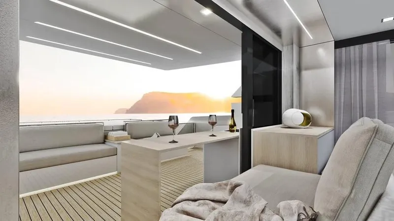 Slide: The Image of Luxurious interior of 2026 Ladenstein L48 MIAMI yacht with elegant seating and ocean view. - 9