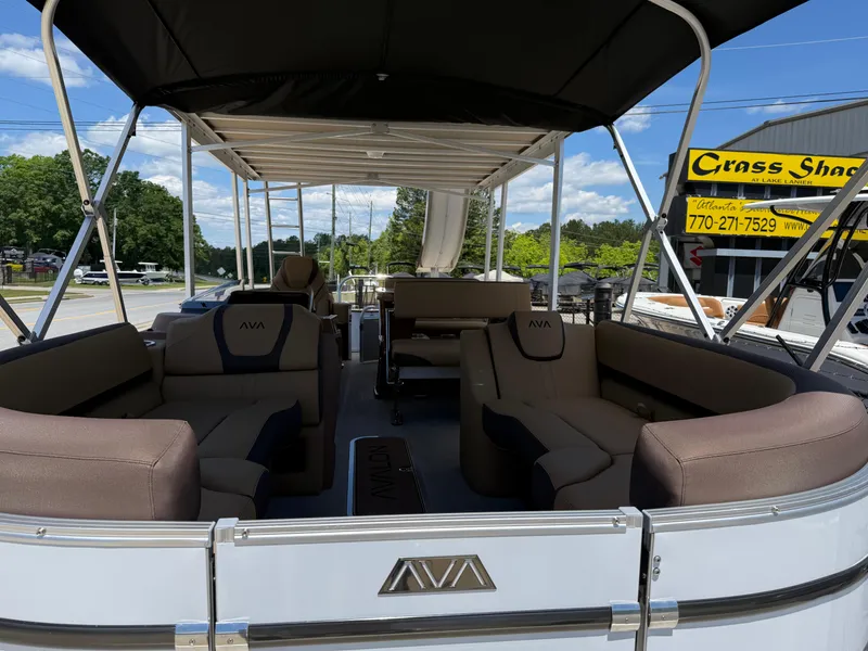Slide: The Image of 2025 Avalon Catalina Entertainer Funship pontoon boat with spacious seating and canopy. - 9