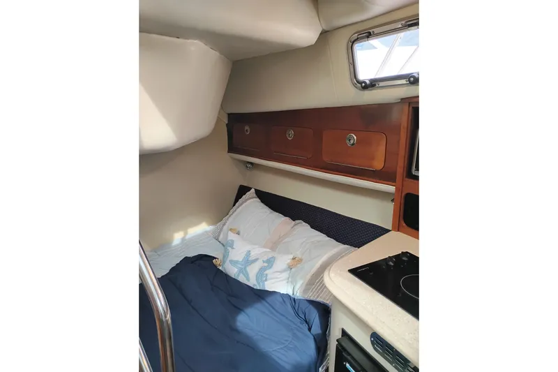 Slide: The Image of Cozy cabin interior of 2009 Albin 32 Tournament Express with bed and wooden storage. - 54