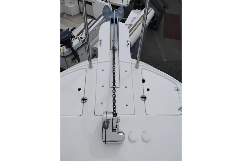 Slide: The Image of Bow view of 2009 Albin 32 Tournament Express with anchor chain and deck fittings. - 63