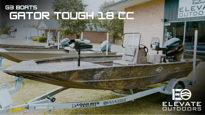 Slide: The Image of G3 Boats Gator Tough 18CC on trailer at Elevate Outdoors, 2025 model. - 0