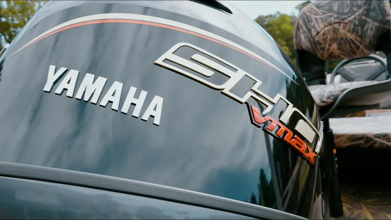 Slide: The Image of Yamaha SHO Vmax engine on a 2025 G3 18CC boat, close-up view. - 20