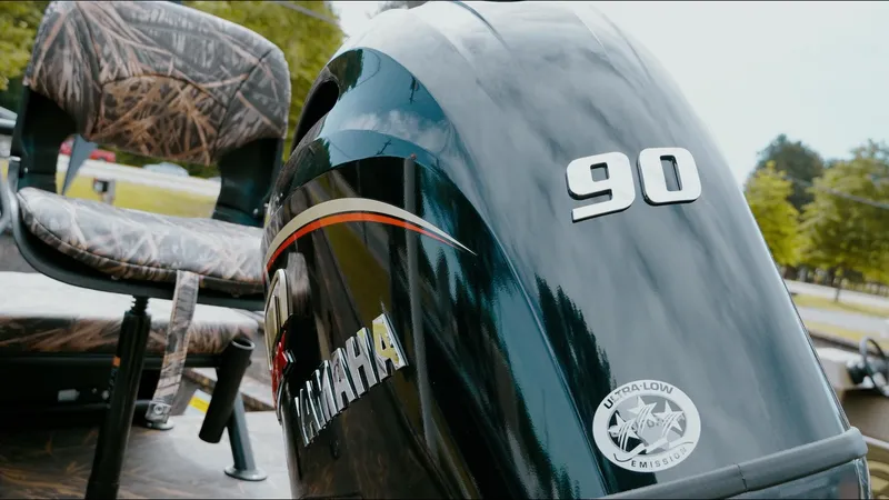 Slide: The Image of 2025 G3 18CC boat with Yamaha 90 engine, camo seat, ultra-low emission. - 21