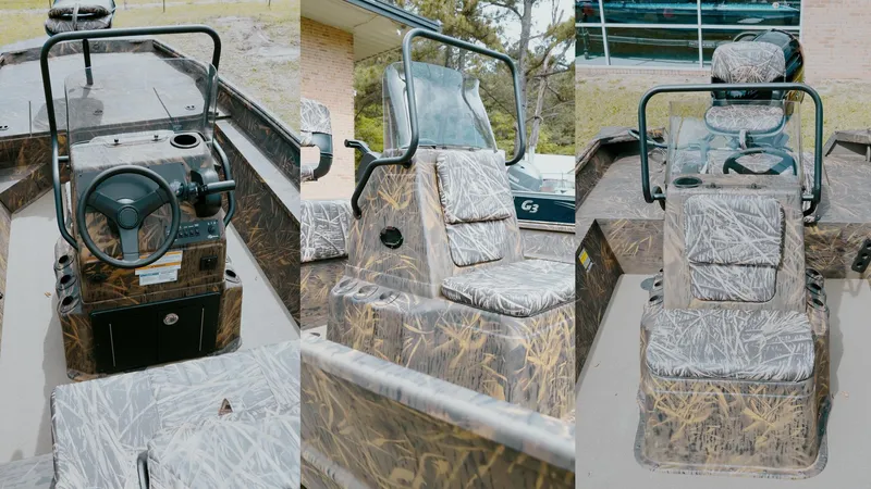 Slide: The Image of 2025 G3 18CC boat interior with camouflage seats and steering console. - 22