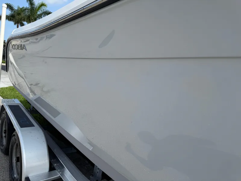 Slide: The Image of 2020 Cobia 220 Center Console boat on trailer, side view with palm trees in background. - 10