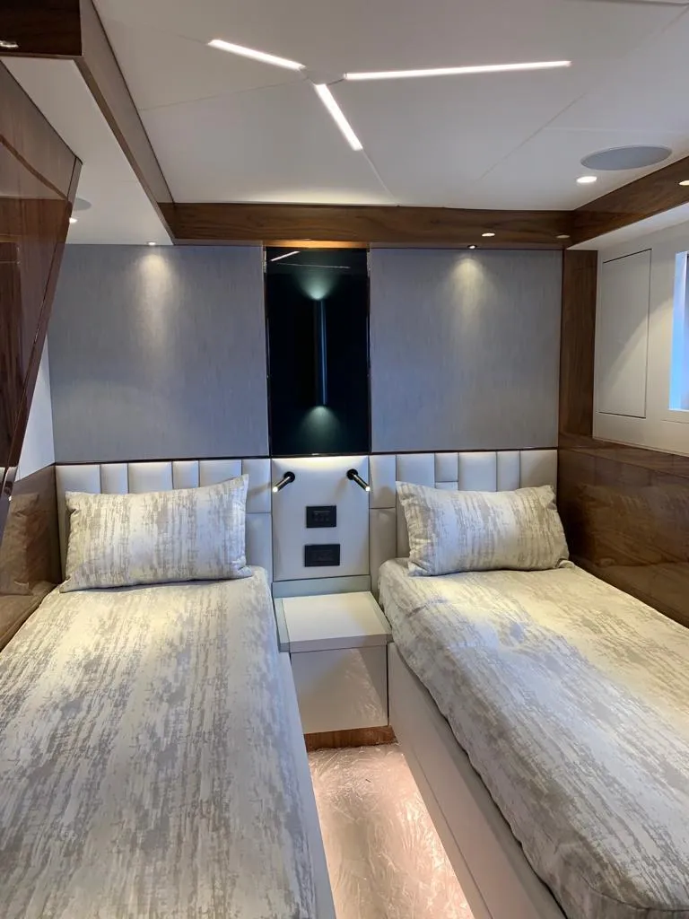 Slide: The Image of Luxurious twin cabin interior on 2020 Sunseeker Manhattan 68 yacht. - 19