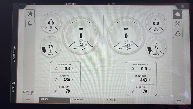 Slide: The Image of Dashboard display of a 2020 Sunseeker Manhattan 68 yacht engine monitoring system. - 38