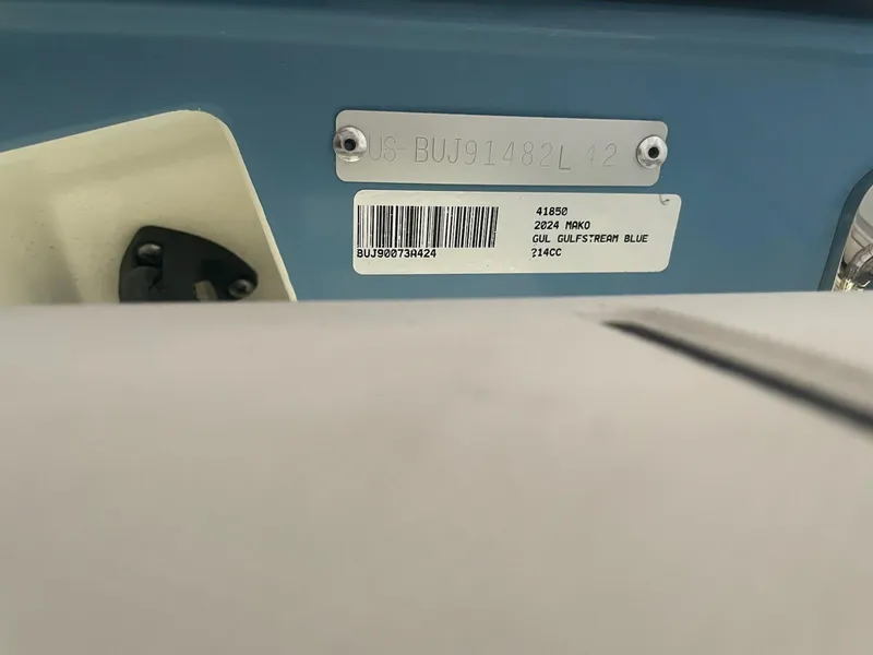 Slide: The Image of 2025 Mako 214 Center Console boat identification plate and barcode. - 13