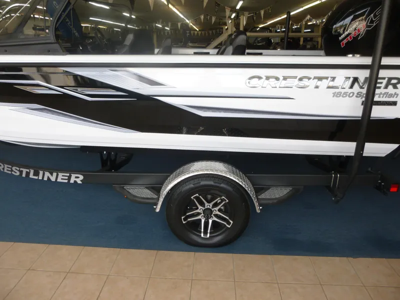 Slide: The Image of 2024 Crestliner 1850 Sport Fish boat on display, featuring sleek design and modern graphics. - 7