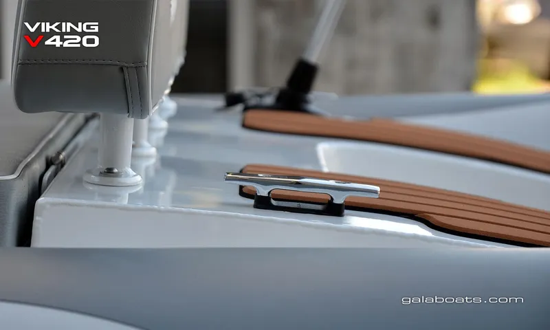 Slide: The Image of Gala V420 boat detail with cleat and wooden deck, 2026 model. - 3