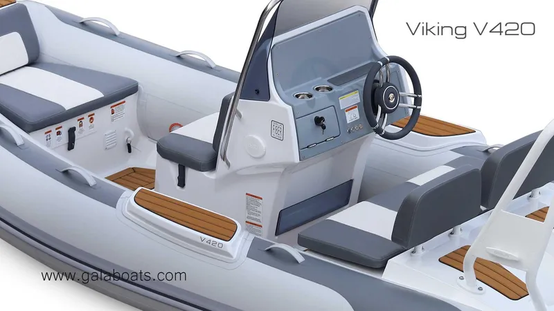 Slide: The Image of 2026 Gala V420 inflatable boat with sleek design, modern console, and comfortable seating. - 4