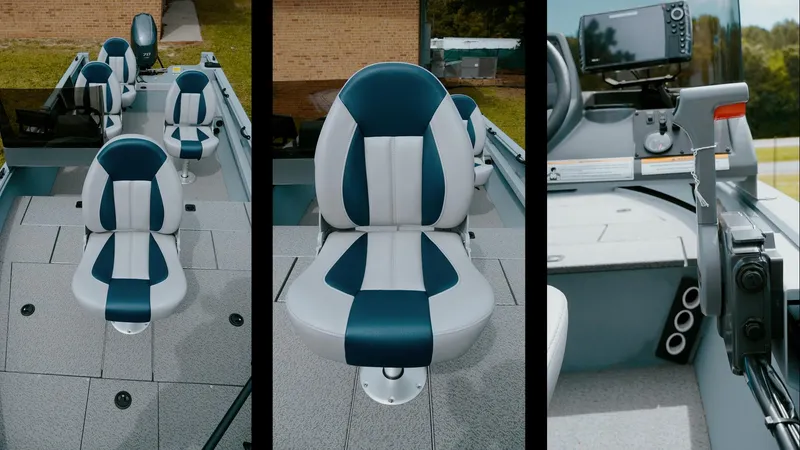 Slide: The Image of 2025 G3 Guide V187 T boat interior with blue and white seating and navigation equipment. - 16