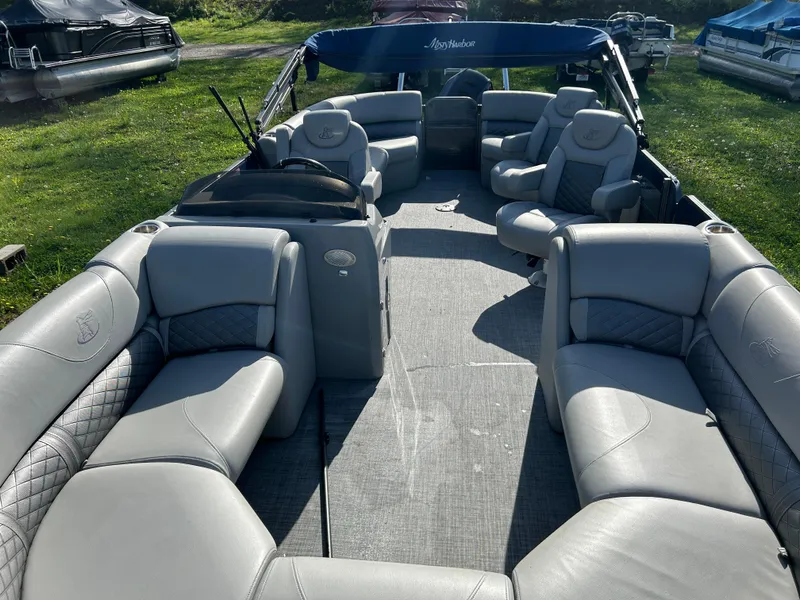 Slide: The Image of 2019 Misty Harbor Biscayne Bay 2285BR Triple Tube pontoon boat with spacious seating and canopy. - 8