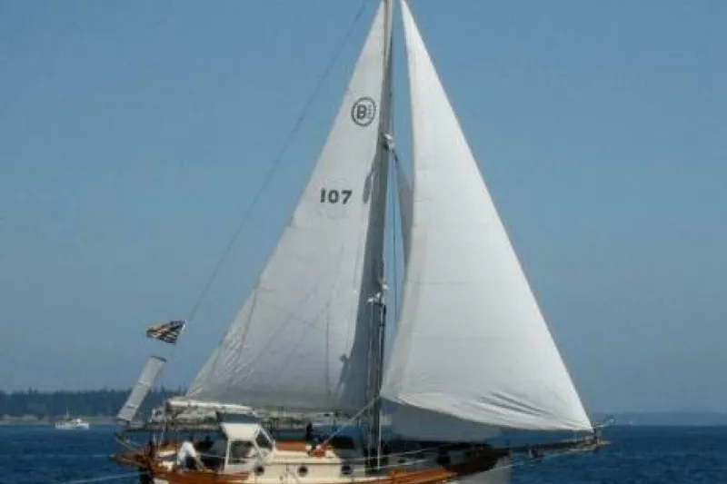 Slide: The Image of Sailing yacht Bristol Channel Cutter Sam L Morse BCC 28, 1994, on open water. - 34