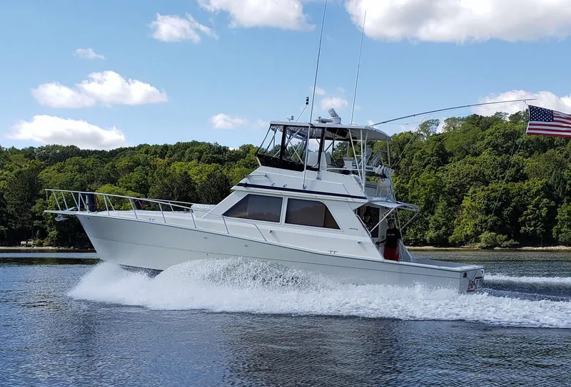 Slide: The Image of 1991 Viking 45 Convertible yacht cruising on a lake with lush green forest backdrop. - 1