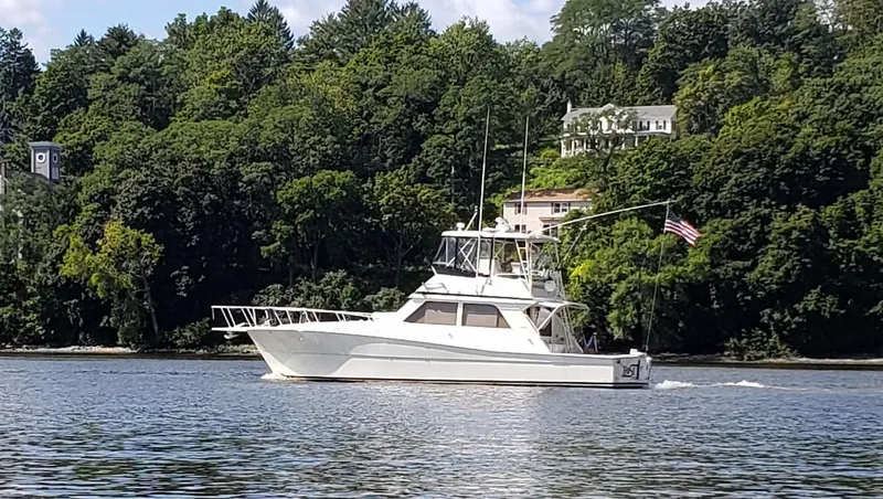 Slide: The Image of 1991 Viking 45 Convertible yacht cruising on a scenic river with lush green trees. - 4