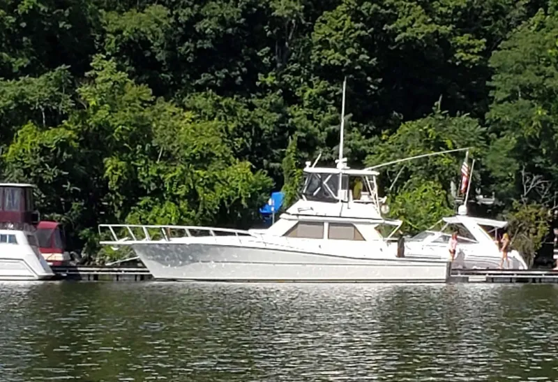 Slide: The Image of 1991 Viking 45 Convertible yacht docked by lush green trees. - 40