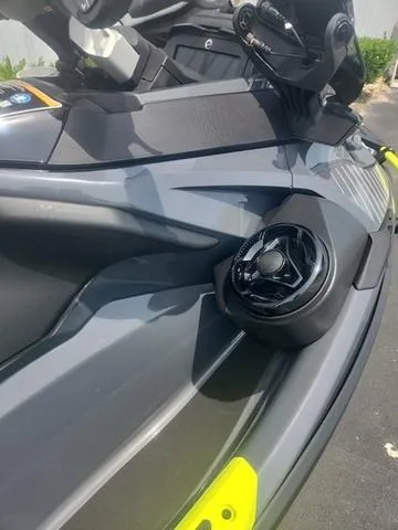 Slide: The Image of 2025 Sea-Doo Waverunner Explorer Pro, close-up of sleek design and speaker detail. - 21