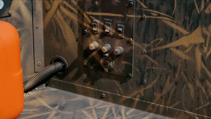 Slide: The Image of Control panel of 2025 G3 Gator Tough 16 DK boat with camouflage design and orange component. - 9