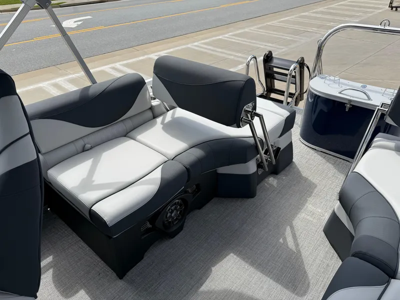 Slide: The Image of 2025 Avalon LSZ Quad Lounger Shift boat interior with plush seating and modern design. - 32