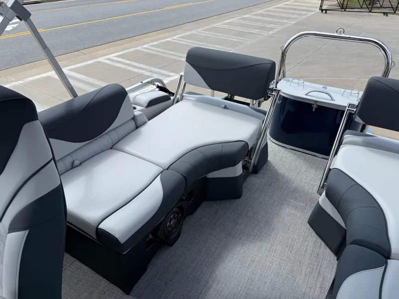 Slide: The Image of 2025 Avalon LSZ Quad Lounger Shift boat interior with sleek, modern seating design. - 42