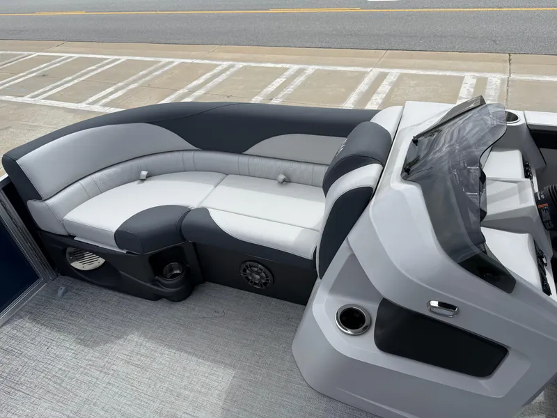 Slide: The Image of 2025 Avalon LSZ Quad Lounger Shift boat interior with sleek seating and modern console design. - 46