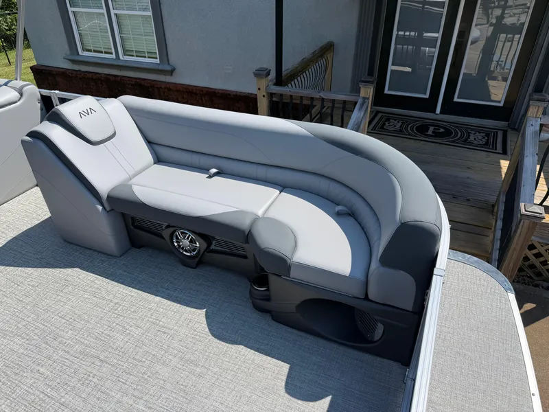 Slide: The Image of 2025 Avalon LSZ Cruise Bench with sleek gray upholstery on a boat deck. - 11