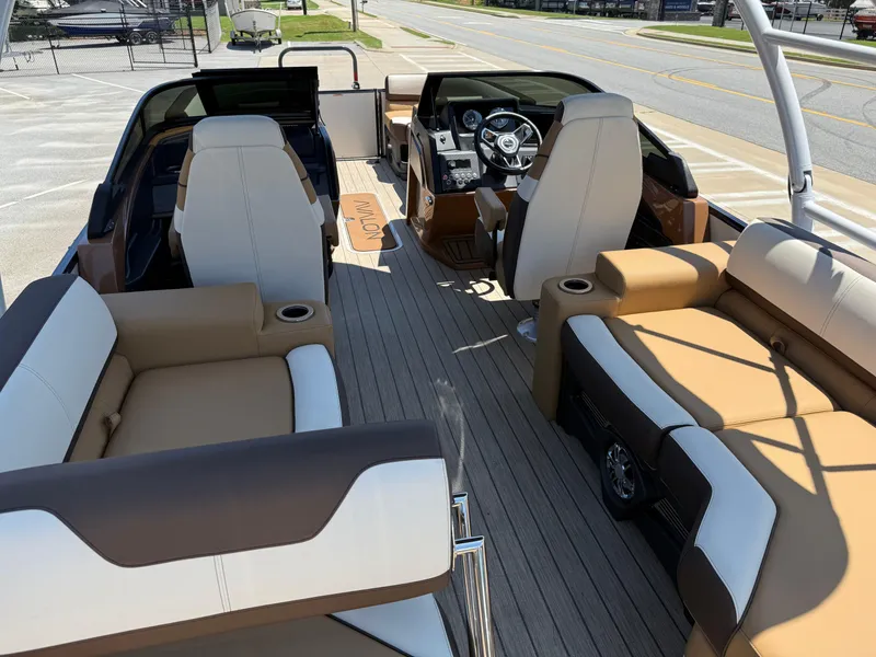 Slide: The Image of 2025 Avalon Catalina Quad Lounger Windshield interior with luxurious seating and modern dashboard. - 40